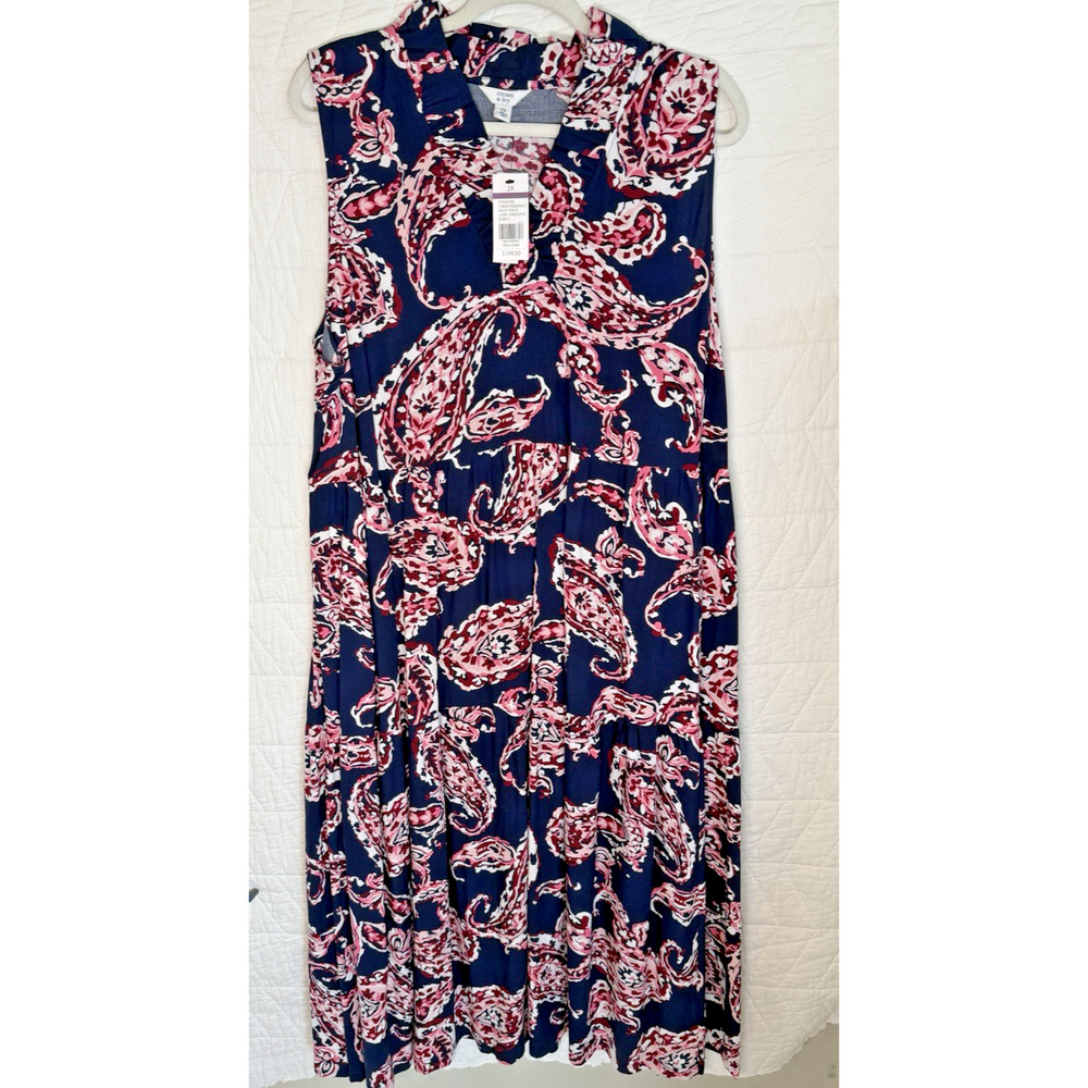 Crown & Ivy Dress Womens 2x Navy pink Paisley maxi ruffled neck sleeveless NWT